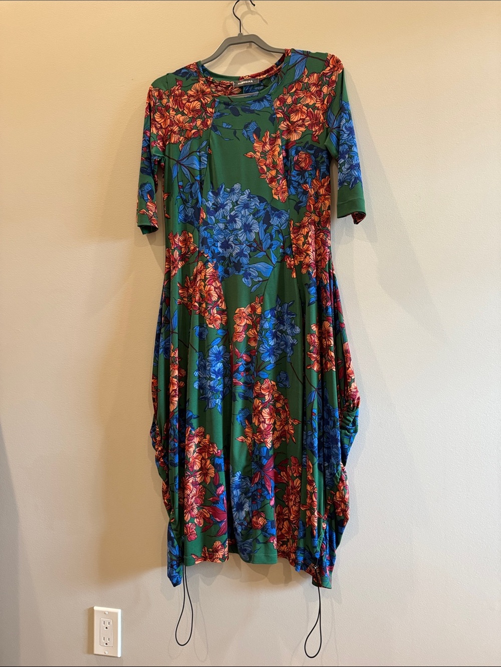 Alembika Green Floral Midi Dress with Blue and peach/rust Blooms